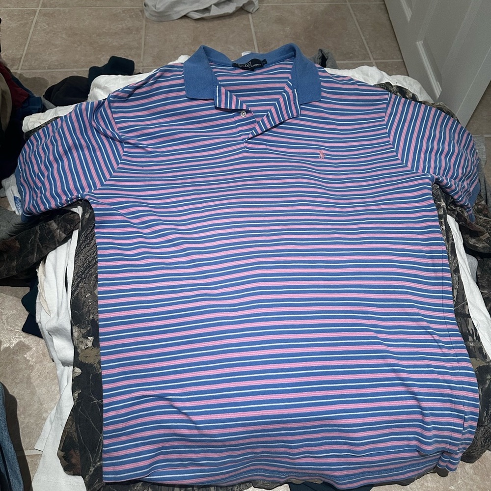 Men's Blue & Pink Striped Polo Shirt - Classic Casual